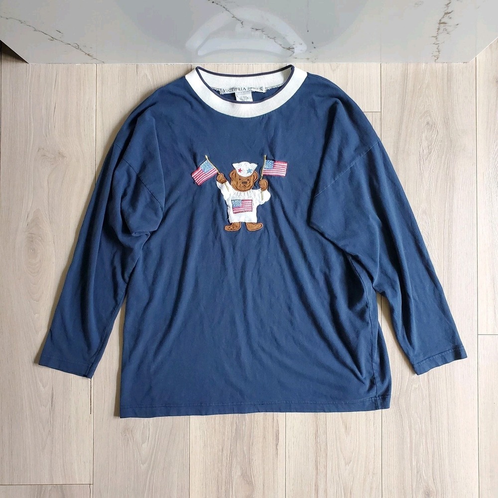 Victoria Jones Shirt Womens L Blue Ringer Long Sleeve Teddy Bear Flag Patriotic